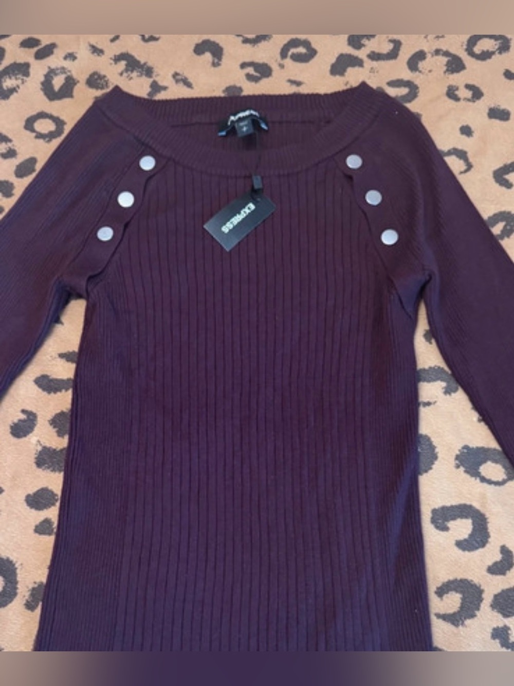 Express Plum Ribbed Long-Sleeve Sweater with Shoulder Buttons